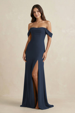 Off - the - Shoulder Sheath Bridesmaid Dress with Slit in Dark Navy - KissProm Bridesmaid Dresses
