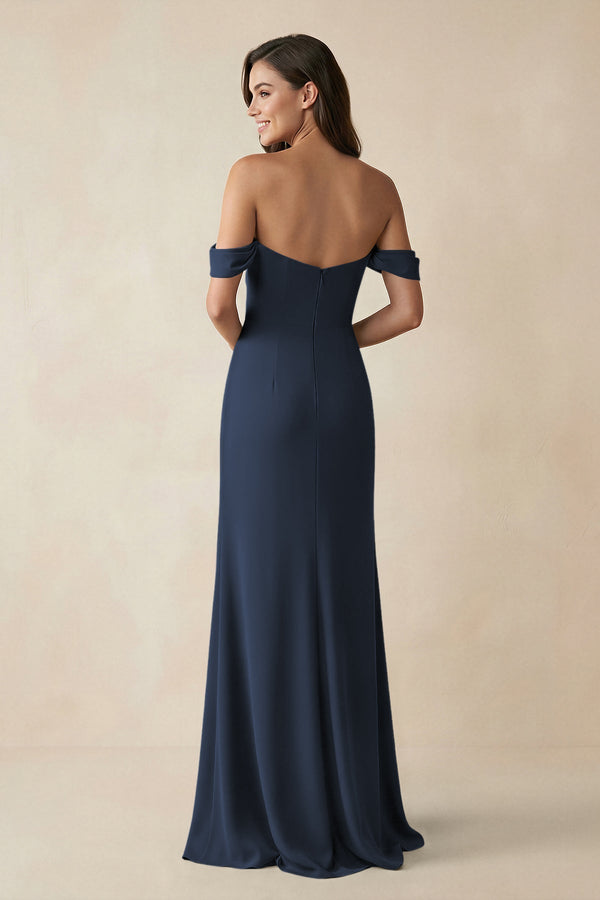 off shoulder navy bridesmaid dress Simple Short Off the Shoulder Satin Dark Navy Bridesmaid Dress