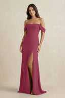 Off - the - Shoulder Sheath Bridesmaid Dress with Slit in Desert Rose - KissProm Bridesmaid Dresses