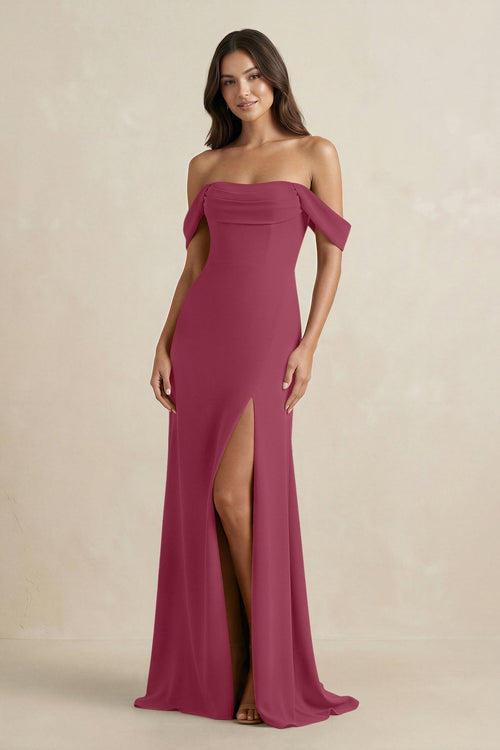 Off - the - Shoulder Sheath Bridesmaid Dress with Slit in Desert Rose - KissProm Bridesmaid Dresses