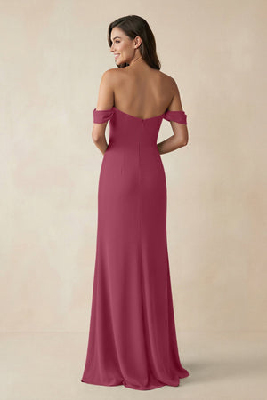Off - the - Shoulder Sheath Bridesmaid Dress with Slit in Desert Rose - KissProm Bridesmaid Dresses