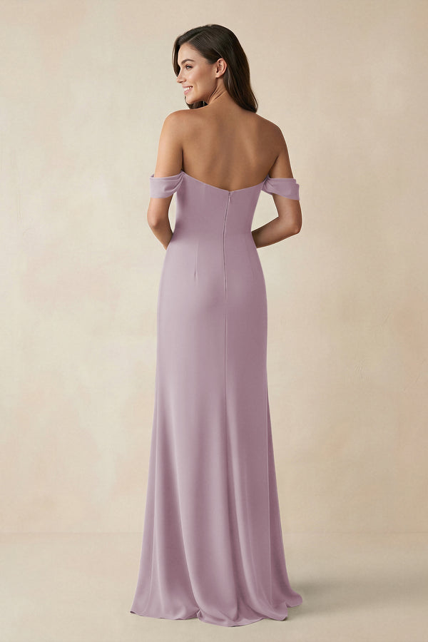 Off - the - Shoulder Sheath Bridesmaid Dress with Slit in Dusk - KissProm Bridesmaid Dresses