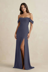 Off - the - Shoulder Sheath Bridesmaid Dress with Slit in Dusk Blue - KissProm Bridesmaid Dresses