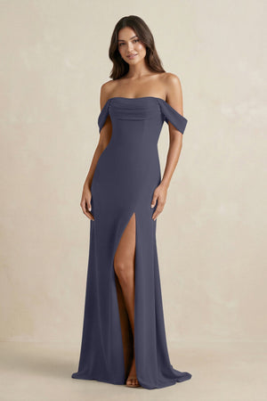 Off - the - Shoulder Sheath Bridesmaid Dress with Slit in Dusk Blue - KissProm Bridesmaid Dresses