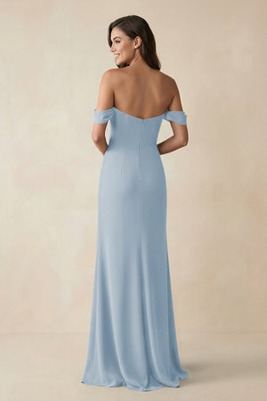 Off - the - Shoulder Sheath Bridesmaid Dress with Slit in Dusty Blue - KissProm Bridesmaid Dresses