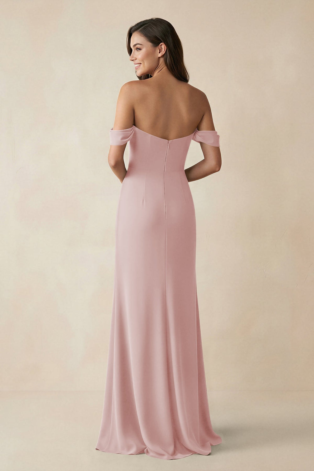 Off - the - Shoulder Sheath Bridesmaid Dress with Slit in Dusty Rose - KissProm Bridesmaid Dresses