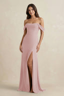 Off - the - Shoulder Sheath Bridesmaid Dress with Slit in Dusty Rose - KissProm Bridesmaid Dresses