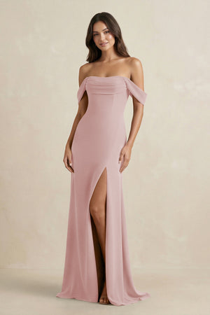 Off - the - Shoulder Sheath Bridesmaid Dress with Slit in Dusty Rose - KissProm Bridesmaid Dresses