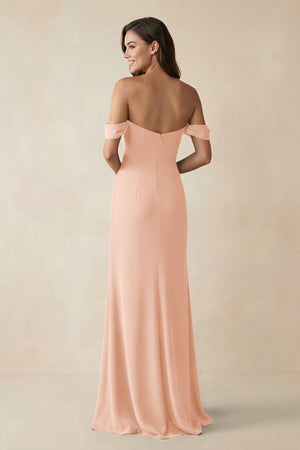 Off - the - Shoulder Sheath Bridesmaid Dress with Slit in English Rose - KissProm Bridesmaid Dresses