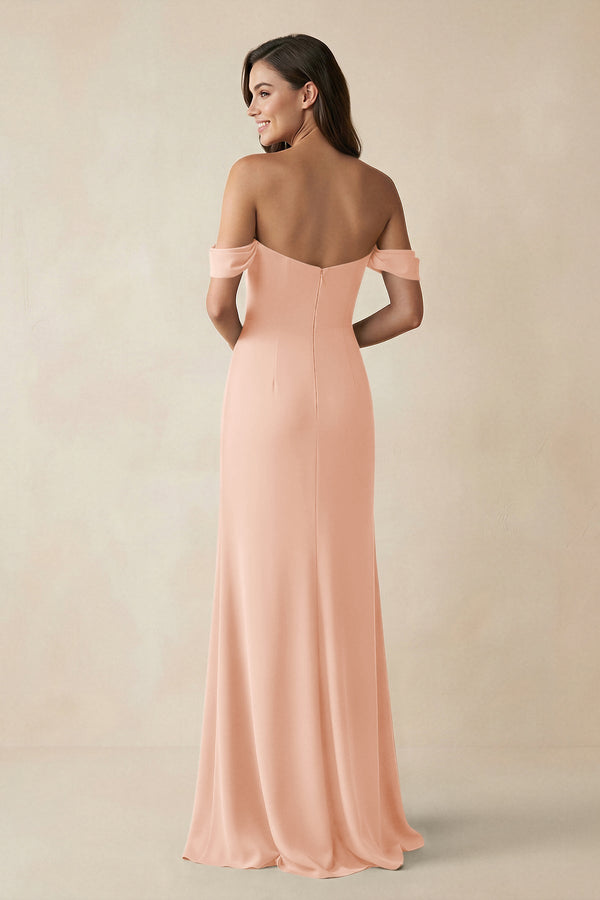 Off - the - Shoulder Sheath Bridesmaid Dress with Slit in English Rose - KissProm Bridesmaid Dresses