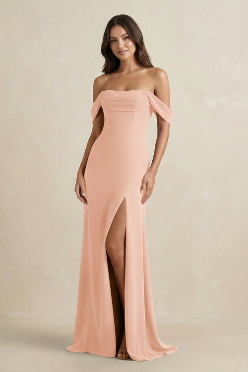 Off - the - Shoulder Sheath Bridesmaid Dress with Slit in English Rose - KissProm Bridesmaid Dresses