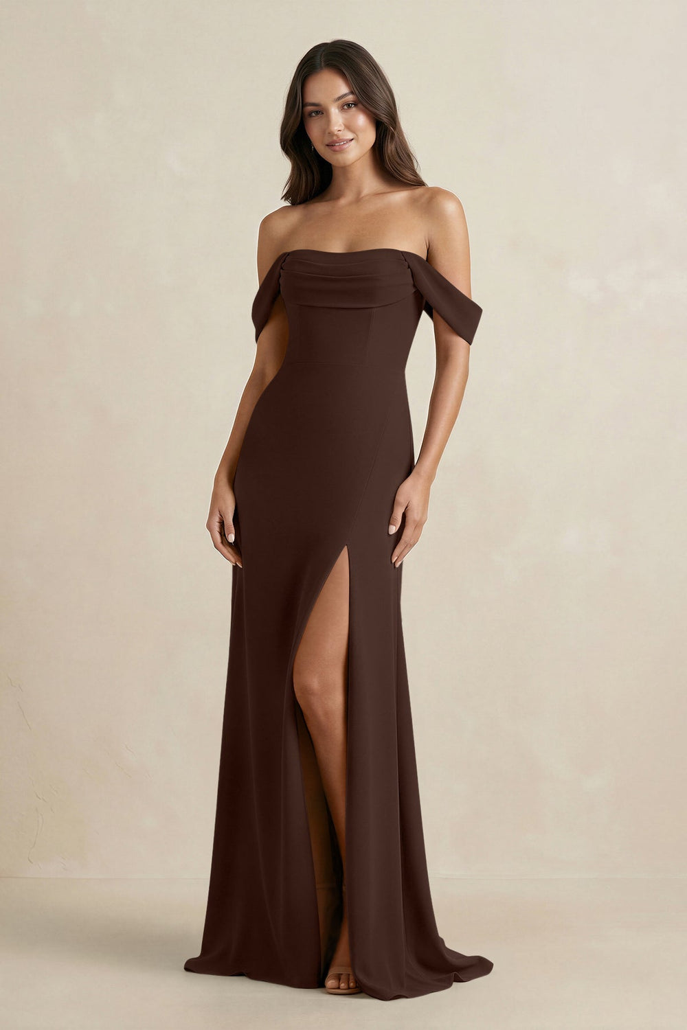 Off - the - Shoulder Sheath Bridesmaid Dress with Slit in Espresso - KissProm Bridesmaid Dresses
