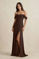 Off - the - Shoulder Sheath Bridesmaid Dress with Slit in Espresso - KissProm Bridesmaid Dresses