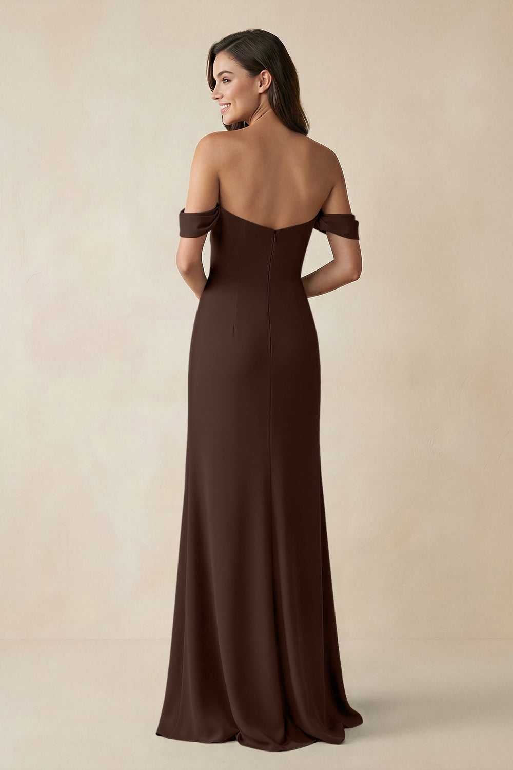 Off - the - Shoulder Sheath Bridesmaid Dress with Slit in Espresso - KissProm Bridesmaid Dresses