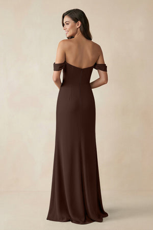 Off - the - Shoulder Sheath Bridesmaid Dress with Slit in Espresso - KissProm Bridesmaid Dresses