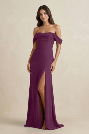Off - the - Shoulder Sheath Bridesmaid Dress with Slit in Fig - KissProm Bridesmaid Dresses