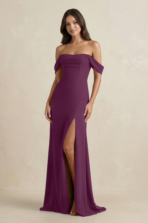 Off - the - Shoulder Sheath Bridesmaid Dress with Slit in Fig - KissProm Bridesmaid Dresses