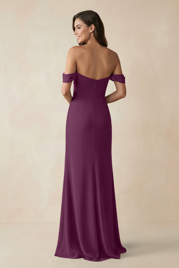 Off - the - Shoulder Sheath Bridesmaid Dress with Slit in Fig - KissProm Bridesmaid Dresses