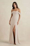 Off - the - Shoulder Sheath Bridesmaid Dress with Slit in Frost - KissProm Bridesmaid Dresses