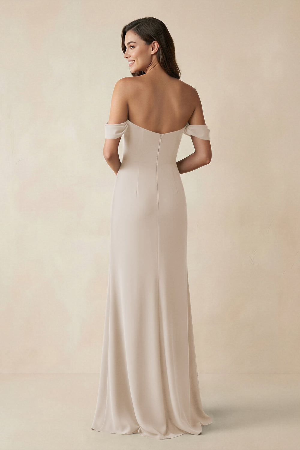 Off - the - Shoulder Sheath Bridesmaid Dress with Slit in Frost - KissProm Bridesmaid Dresses