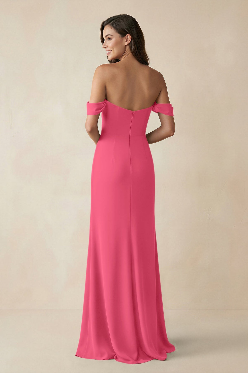 Off - the - Shoulder Sheath Bridesmaid Dress with Slit in Fuchsia - KissProm Bridesmaid Dresses
