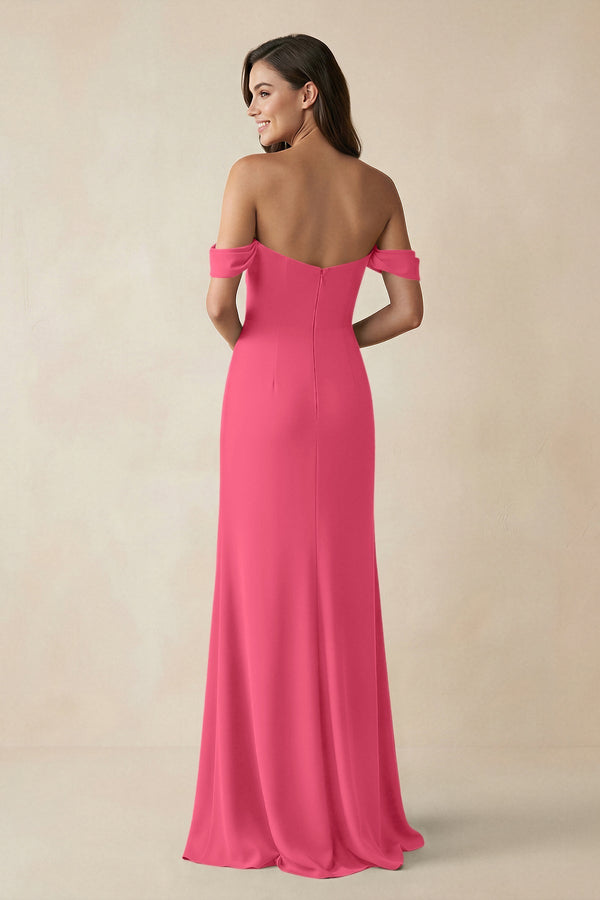 Off - the - Shoulder Sheath Bridesmaid Dress with Slit in Fuchsia - KissProm Bridesmaid Dresses