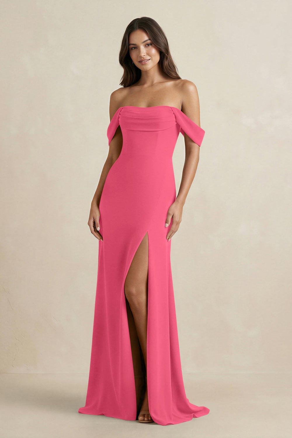 Off - the - Shoulder Sheath Bridesmaid Dress with Slit in Fuchsia - KissProm Bridesmaid Dresses