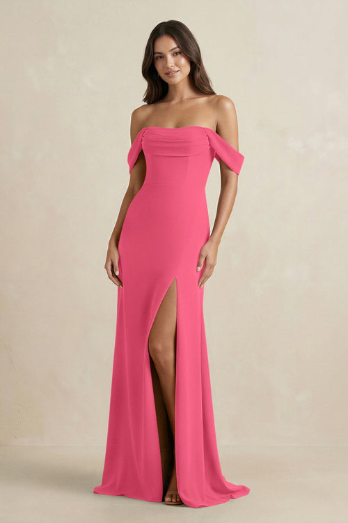 Off - the - Shoulder Sheath Bridesmaid Dress with Slit in Fuchsia - KissProm Bridesmaid Dresses