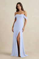 Off - the - Shoulder Sheath Bridesmaid Dress with Slit in Ice - KissProm Bridesmaid Dresses