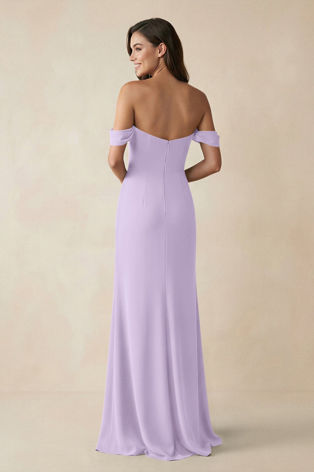 Off - the - Shoulder Sheath Bridesmaid Dress with Slit in Lavender - KissProm Bridesmaid Dresses