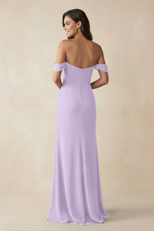 Off - the - Shoulder Sheath Bridesmaid Dress with Slit in Lavender - KissProm Bridesmaid Dresses