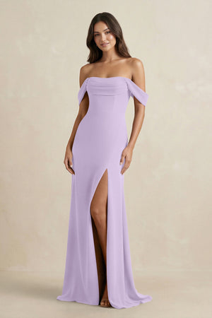 Off - the - Shoulder Sheath Bridesmaid Dress with Slit in Lavender - KissProm Bridesmaid Dresses