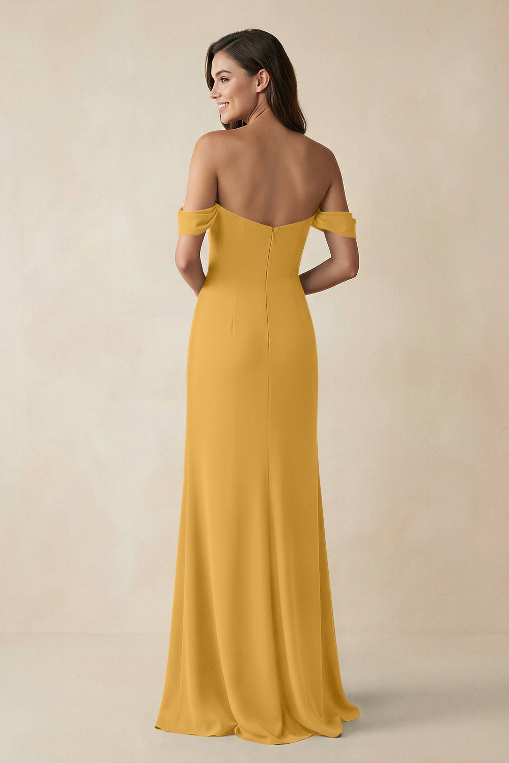 Off - the - Shoulder Sheath Bridesmaid Dress with Slit in Marigold - KissProm Bridesmaid Dresses
