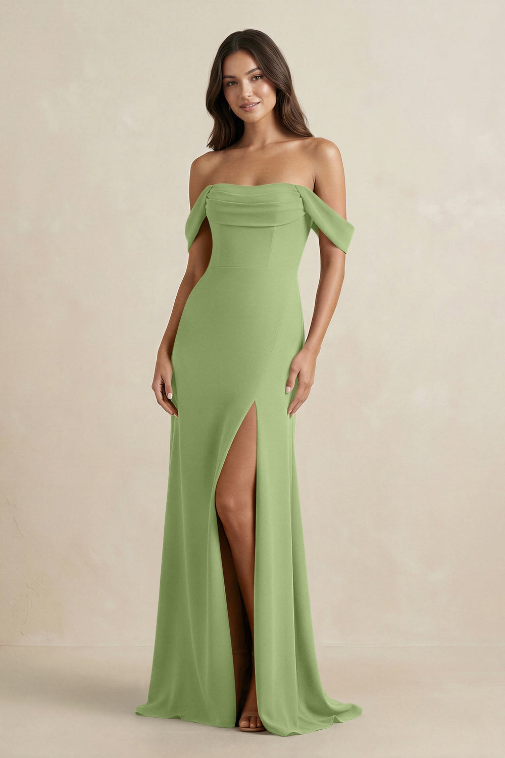Off - the - Shoulder Sheath Bridesmaid Dress with Slit in Matcha - KissProm Bridesmaid Dresses