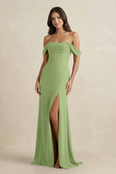 Off - the - Shoulder Sheath Bridesmaid Dress with Slit in Matcha - KissProm Bridesmaid Dresses