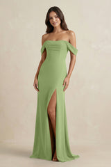 Off - the - Shoulder Sheath Bridesmaid Dress with Slit in Matcha - KissProm Bridesmaid Dresses