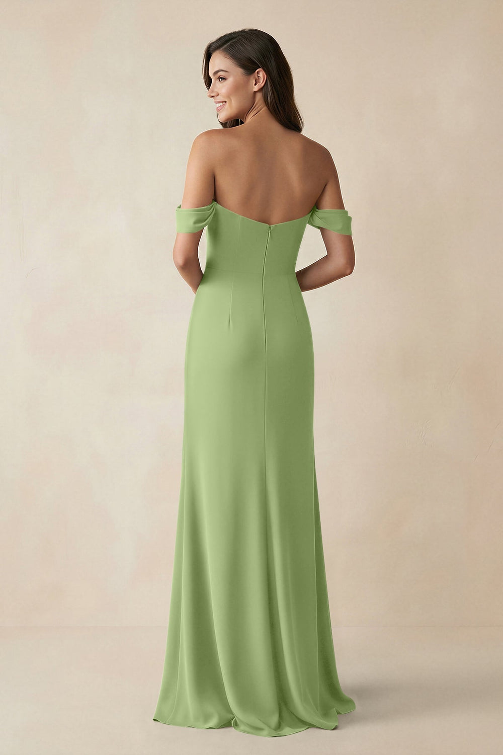 Off - the - Shoulder Sheath Bridesmaid Dress with Slit in Matcha - KissProm Bridesmaid Dresses