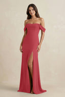 Off - the - Shoulder Sheath Bridesmaid Dress with Slit in Merlot - KissProm Bridesmaid Dresses