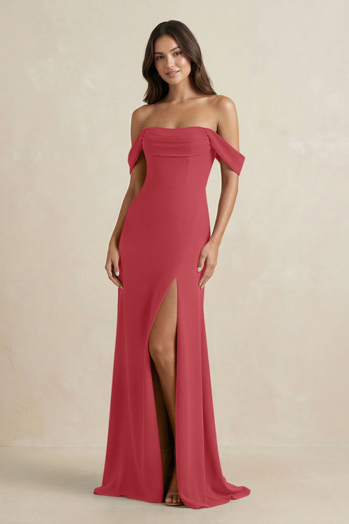 Off - the - Shoulder Sheath Bridesmaid Dress with Slit in Merlot - KissProm Bridesmaid Dresses