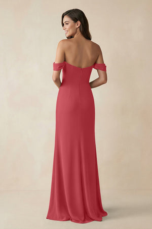 Off - the - Shoulder Sheath Bridesmaid Dress with Slit in Merlot - KissProm Bridesmaid Dresses