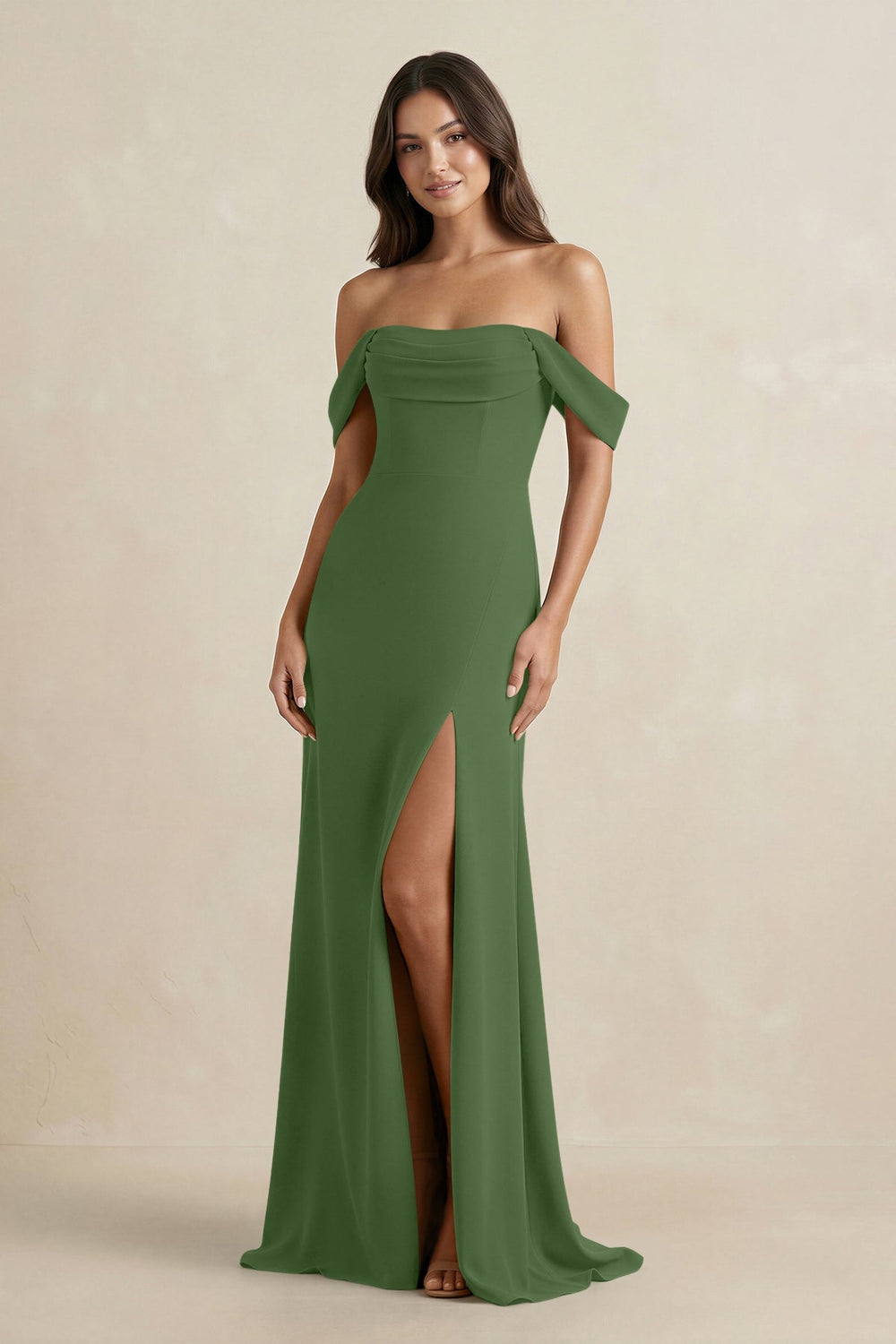Off - the - Shoulder Sheath Bridesmaid Dress with Slit in Moss - KissProm Bridesmaid Dresses
