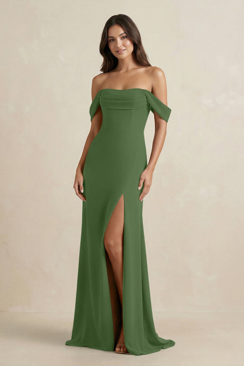 Off - the - Shoulder Sheath Bridesmaid Dress with Slit in Moss - KissProm Bridesmaid Dresses