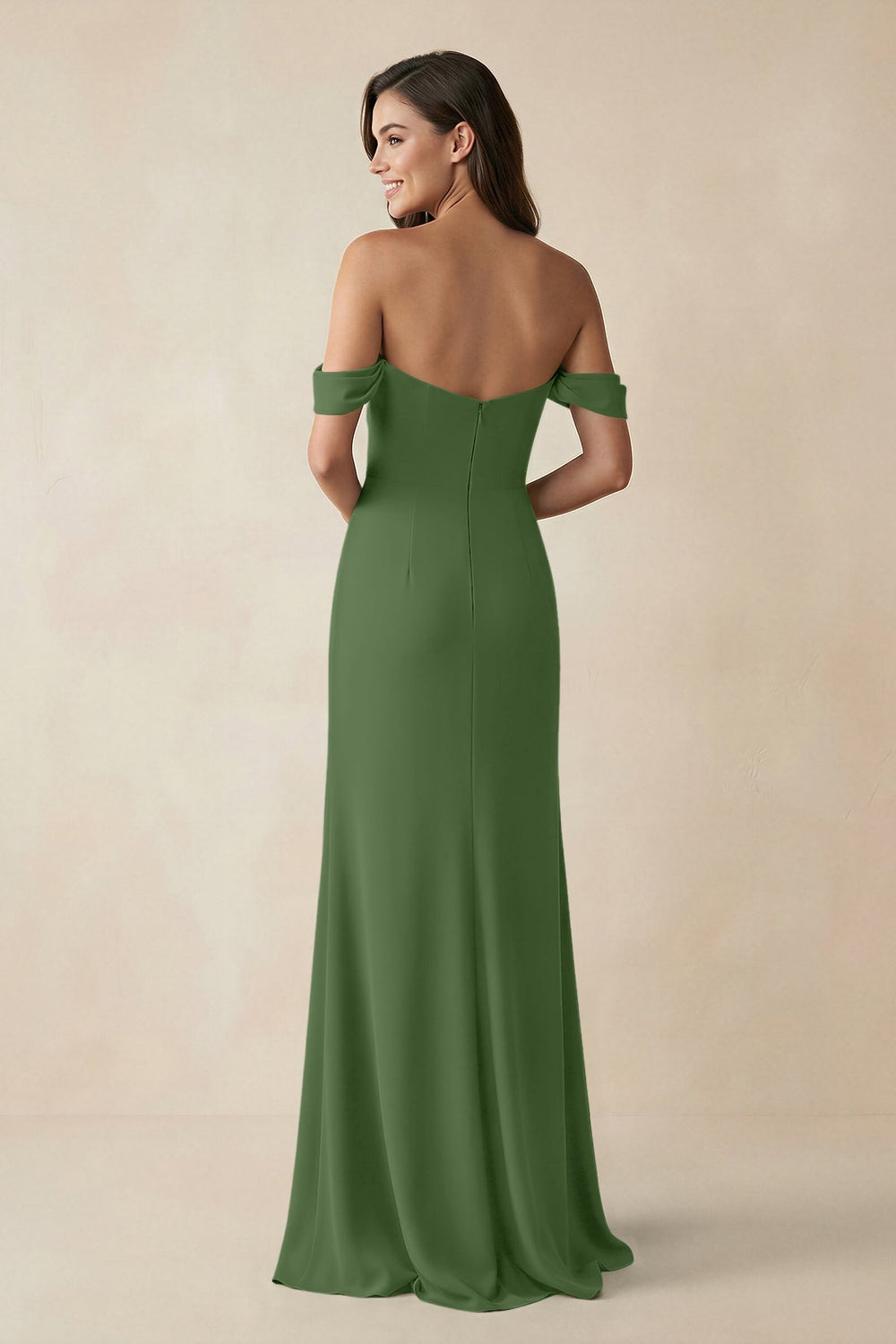 Off - the - Shoulder Sheath Bridesmaid Dress with Slit in Moss - KissProm Bridesmaid Dresses