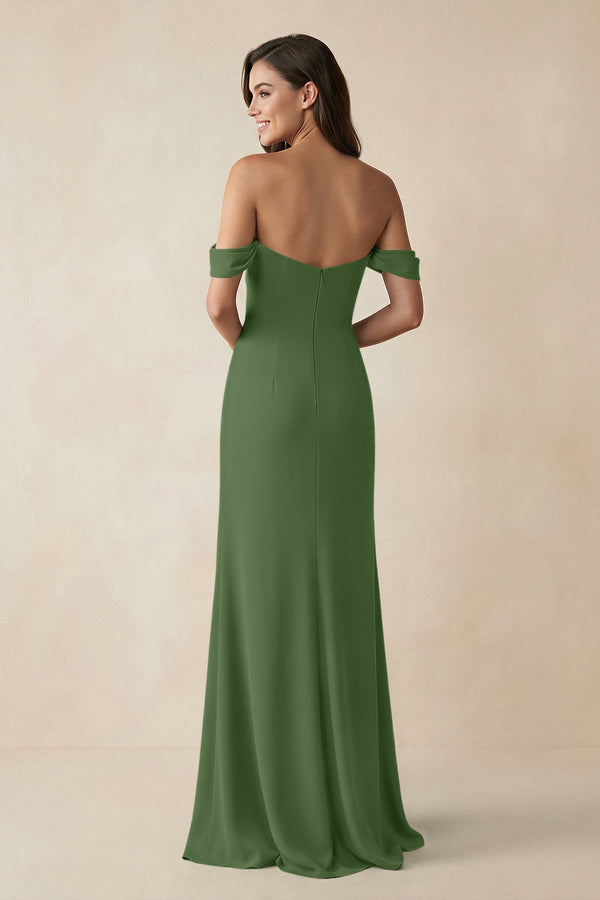 Off - the - Shoulder Sheath Bridesmaid Dress with Slit in Moss - KissProm Bridesmaid Dresses