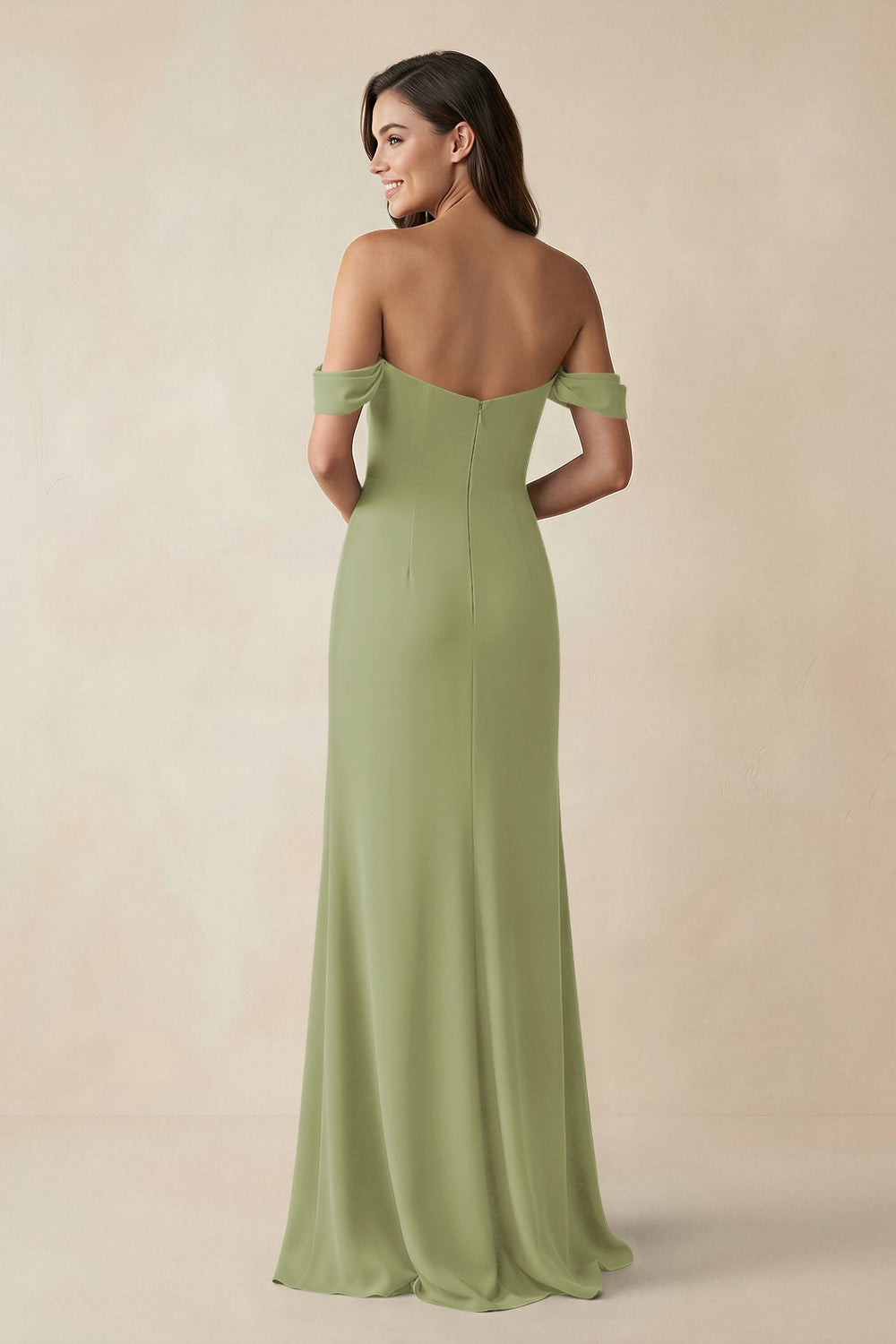 Off - the - Shoulder Sheath Bridesmaid Dress with Slit in Moss Green - KissProm Bridesmaid Dresses