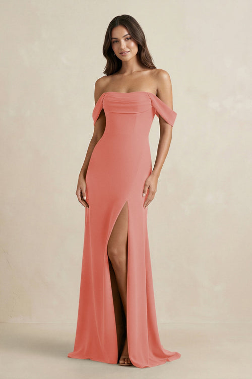Off - the - Shoulder Sheath Bridesmaid Dress with Slit in Mulberry - KissProm Bridesmaid Dresses