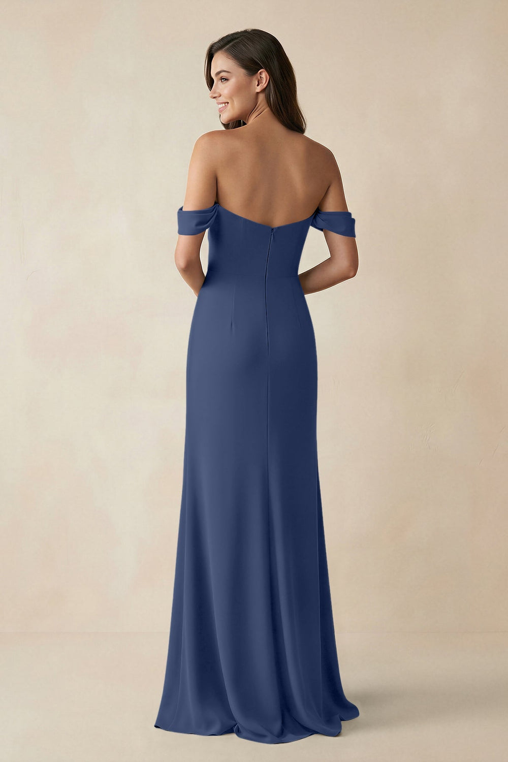 Off - the - Shoulder Sheath Bridesmaid Dress with Slit in Navy - KissProm Bridesmaid Dresses
