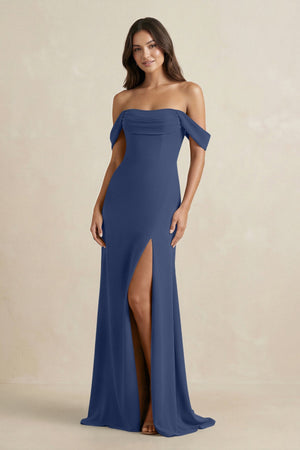 Off - the - Shoulder Sheath Bridesmaid Dress with Slit in Navy - KissProm Bridesmaid Dresses
