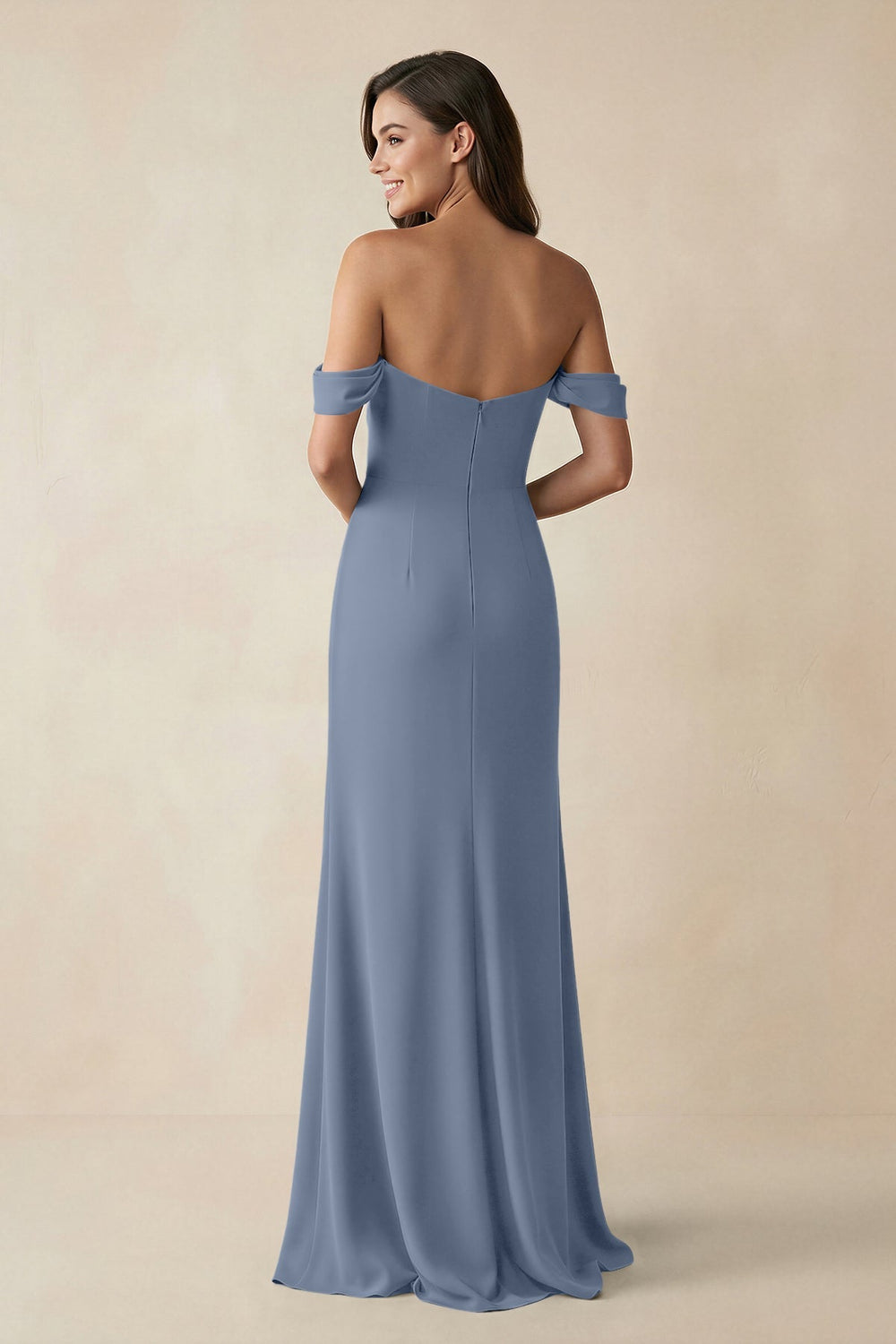 Off - the - Shoulder Sheath Bridesmaid Dress with Slit in Neptune - KissProm Bridesmaid Dresses