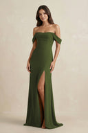 Off - the - Shoulder Sheath Bridesmaid Dress with Slit in Olive - KissProm Bridesmaid Dresses